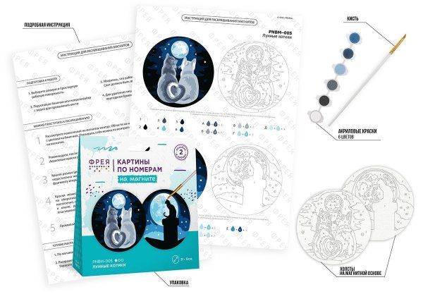 Набор для раскрашивания по номерам (на магните) ФРЕЯ 9 х 9 см "Лунные котики" PNBM-005