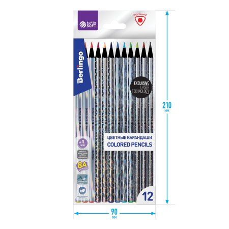 Карандаши цветные Berlingo "SuperSoft. Starlight" 12 цв трехгранные, черное дерево, лазерная пленка, заточенные RE-SSS0612