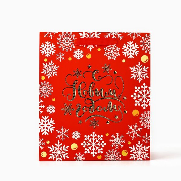 Пакет подарочный ламинированный 30 × 26 × 9 см "Золотые снежинки" SIM-10453763