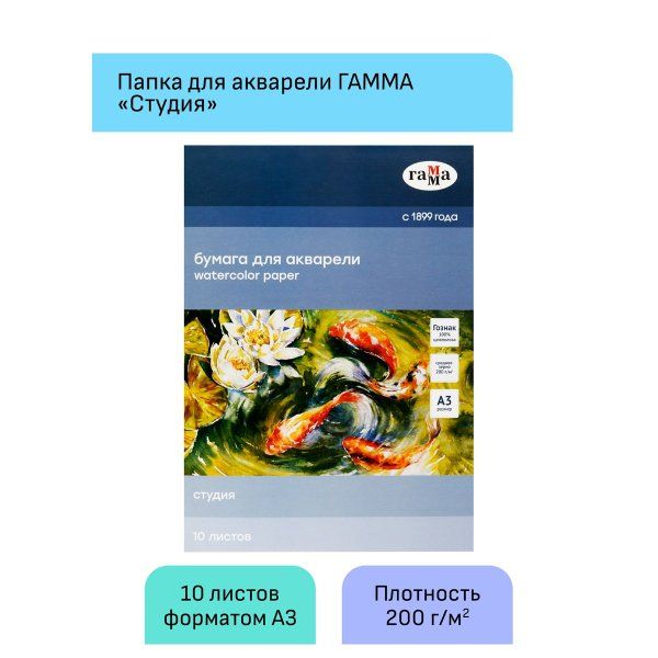 Папка для акварели ГАММА "Студия" 200 г/м2 А3 10л. среднее зерно RE-30C03F710W
