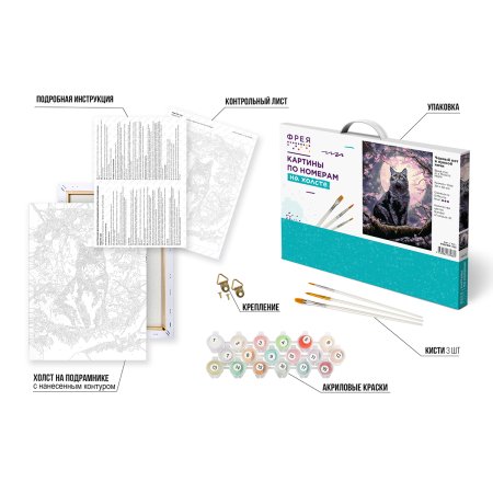 Набор для раскрашивания по номерам (холст на подрамнике) ФРЕЯ 40 х 30 см "Черный кот в лунной ночи" PNB/PM-323