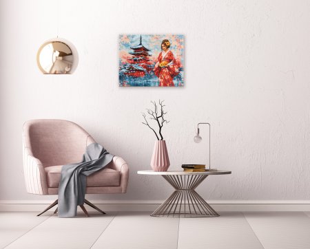 Кристальная (алмазная) мозаика ФРЕЯ на подрамнике "Японка у пагоды" 50 х 40 см ALPD-273