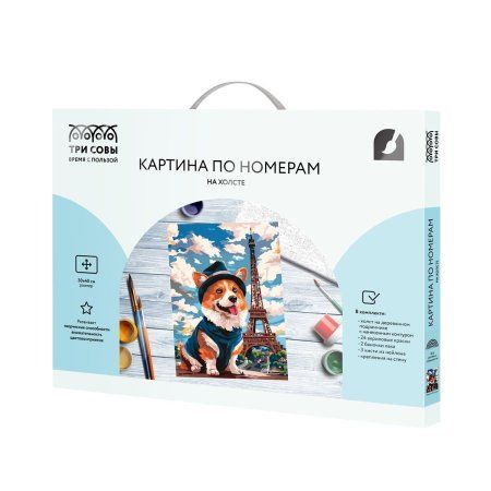Картина по номерам на холсте ТРИ СОВЫ "Корги в Париже" 30 x 40 см, краски, кисть RE-KX3040_30002