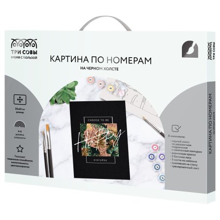 Картина по номерам на черном холсте ТРИ СОВЫ "Будь счастлив" 30 x 40 см, краски, кисть RE-КХп_48139