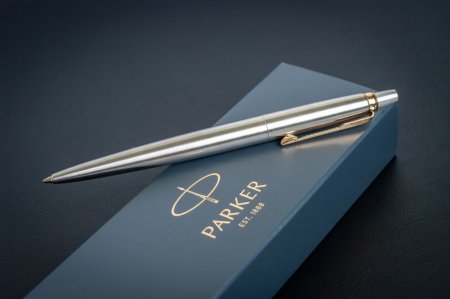 Ручка шариковая PARKER Jotter Stainless Steel GT синяя, 1.0 мм, кнопочный механизм, подарочная упаковка RE-1953182