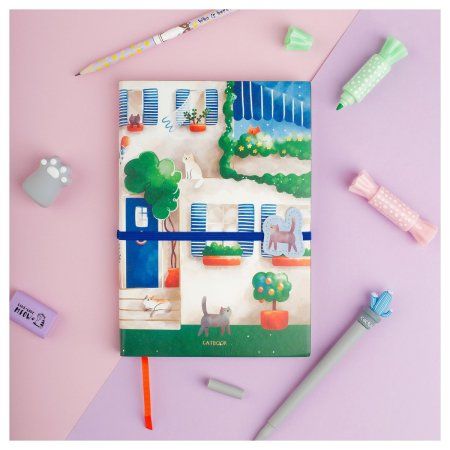 Ежедневник недатированный А5 136л. MESHU "Сat walk. Cattorini island" кожзам, тон. блок, резинка-фиксатор с аппликацией, закладка-ляссе RE-MS_53622