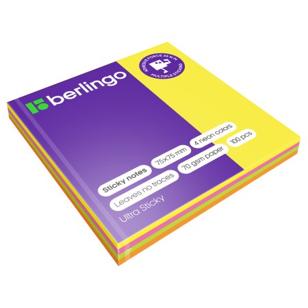 Самоклеящийся блок Berlingo "Ultra Sticky" 75 x 75 мм 100 л 4 неоновых цвета RE-LSn_39602