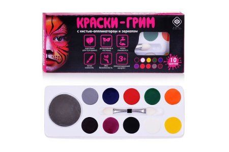 Краски для грима Фабрика фантазий 10 цв, кисть-аппликатор, зеркало RE-57903/800-41264