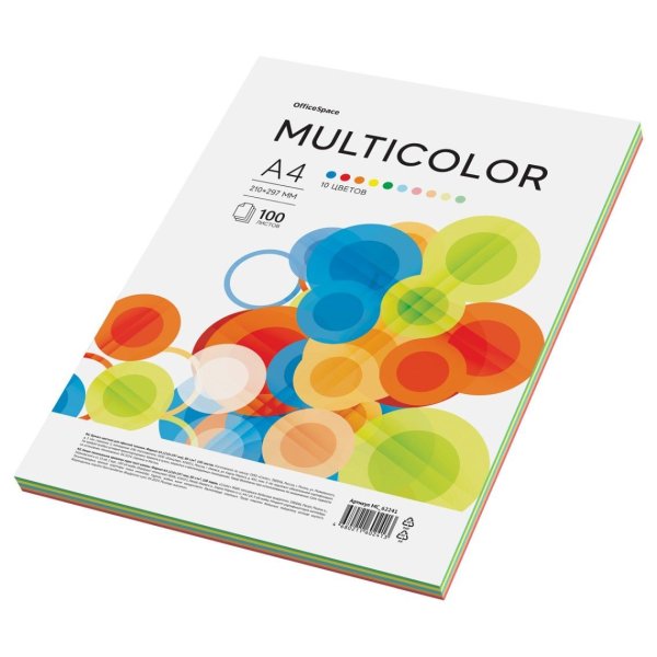 Бумага цветная OfficeSpace "Multicolor" A4 80 г/м2 100 л, 10 цветов RE-MC_62241