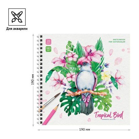 Скетчбук для акварели 20л. 190 x 190 мм ArtSpace "Tropical Bird" 180 г/м2, на гребне RE-Сак20грг_38350