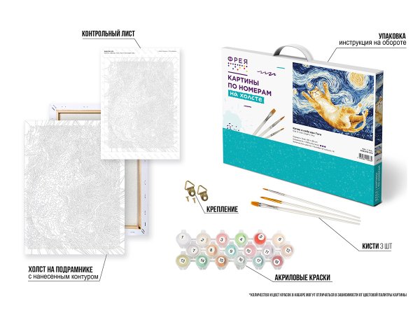 Набор для раскрашивания по номерам (холст на подрамнике) ФРЕЯ 40 х 30 см "Котик в небе ван Гога" PNB/PM-372
