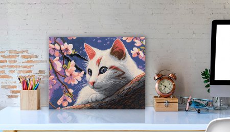 Кристальная (алмазная) мозаика ФРЕЯ на подрамнике "Кошка под сакурой" 40 х 30 см ALPD-243