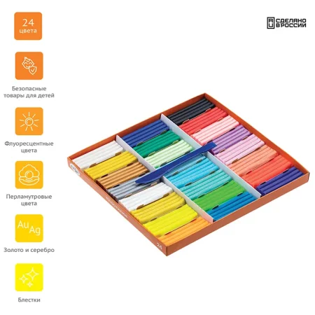 Пластилин ГАММА "Оранжевое солнце" 24 цв (6 классич., 6 с блестк, 6 перл., 6 флуор.) 312 г со стеком, картон. упаковка RE-130520207