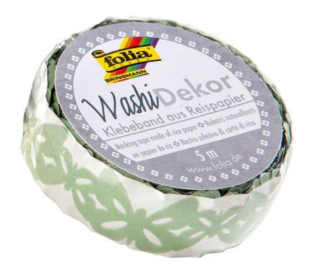 Скотч декоративный FOLIA Washi Dekor 15 мм x 5 м, ажурный, бабочки, зеленый FL-29002