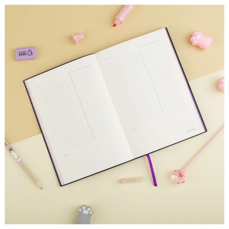 Ежедневник недатированный А5 136л. MESHU "Сat walk. Purple rebel" кожзам, тон. блок, резинка-фиксатор с аппликацией, цветной срез, закладка-ляссе RE-MS_53620