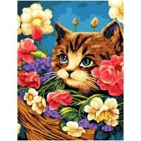Картина по номерам на холсте ТРИ СОВЫ "Котенок в цветочной корзине" 40 x 50 см, краски, кисть RE-КХ4050_53893